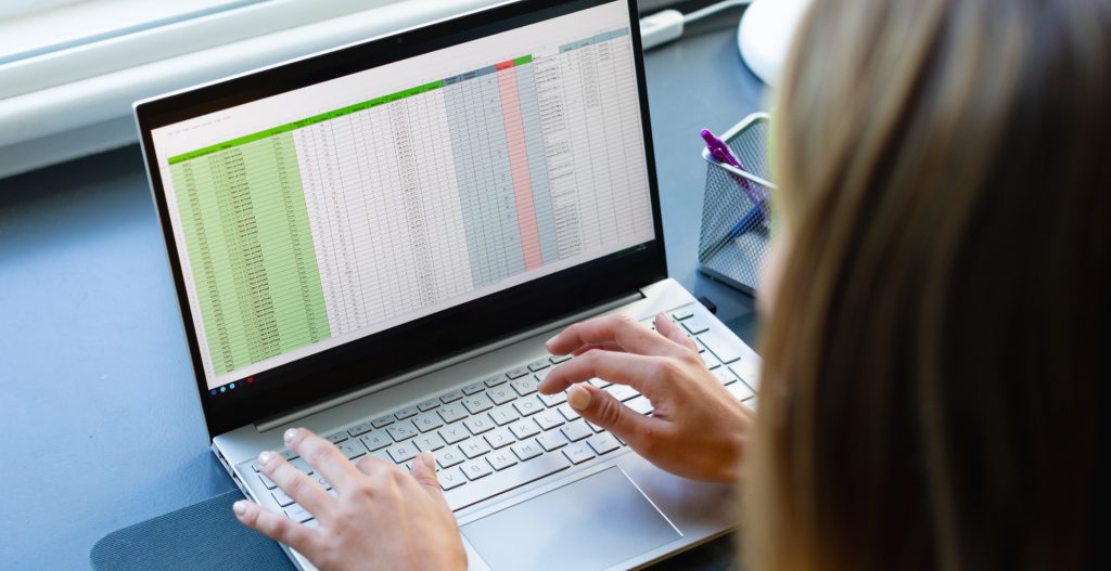 Universidad DARUMA, Inicio, Una persona escribiendo información, en su computadora en un documento de Excel.